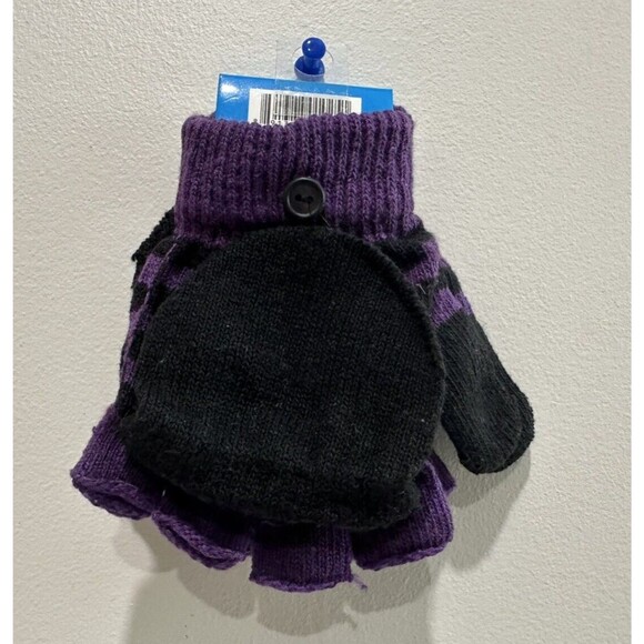 Girls fingerless glove mitten striped purple black knitted convertible flip top - Picture 2 of 3